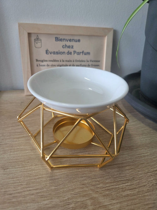 Brûle-parfum doré géométrique avec coupelle en céramique blanche
